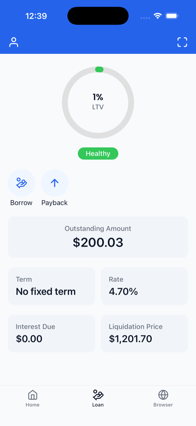 An open loan: loan-to-value at 1 percent and healthy, the outstanding amount, the rate, the interest due and a Payback button.