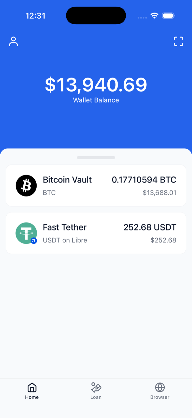 The Bitcoin Libre wallet, listing a Bitcoin vault balance and a Fast Tether balance.